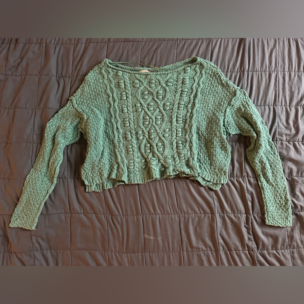 Free People Green Off-the-Shoulder Cable Knit Sweater